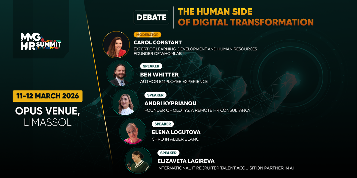 MMG HR Summit Mediterranean 2026 debate panel on the human side of digital transformation in Limassol featuring global HR experts.