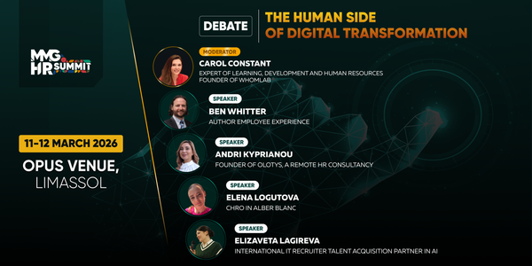 MMG HR Summit Mediterranean 2026 debate panel on the human side of digital transformation in Limassol featuring global HR experts.